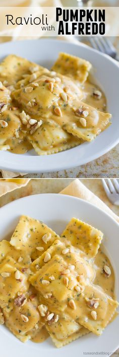 two plates filled with ravioli, pumpkin and almond sauce on top of each other