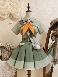 This price is for a skirt, a waist belt, and a detachable plush bunny tail, others are not included.  Bunny buttons decorated green Ouji fashion skirt with a waist belt and plush bunny tail set.   	 		 			Size 			XS 			S 			M 			L 			XL 			2XL 			3XL 		 		 			Full Length 			42.5 			43.5 			44.5 			45.5 			46.5 			47.5 			48.5 		 		 			Waist 			58-62 			62-66 			66-70 			70-74 			74-78 			78-82 			82-86 Soup Store, Genshin Oc, Ouji Fashion, Box Pleated Skirt, Oc Design, Shopping Link, Clothing Design Sketches, Tie Skirt, Kawaii Fashion Outfits