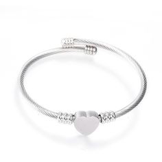 Product Details - Stainless Steel Bangle with Heart Charm - Size: about 2-1/4 inches(57mm) inner diameter, 3mm thick, heart: 11x12x5mm. Tiny Dress, Stainless Steel Bangles, Stainless Steel Wire, Wire Bracelet, Gothic Jewelry, Heart Bracelet, Pretty Jewellery, Bracelet Stack, Steel Bracelet