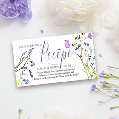 a purple and white flowered place card with the words recipe for the bride to be