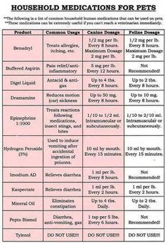 a table with instructions for the use of household medicationss to treat dogs and cats