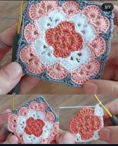 crochet granny granny square with flowers in the middle and two pictures showing how to crochet