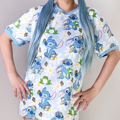 "Disney Lilo & Stitch Spring Time Stitch Unisex Tee 100% Cotton All-Over-Printed Unisex Fit Crew Neckline Short Sleeves Blue" Loungefly Disney, Lilo Stitch, Disney Lilo, Lilo And Stitch, Spring Time, Crew Neckline, Short Sleeves, Womens Tops, Disney