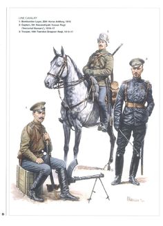 two men in uniforms are sitting next to a horse and another man is standing behind them