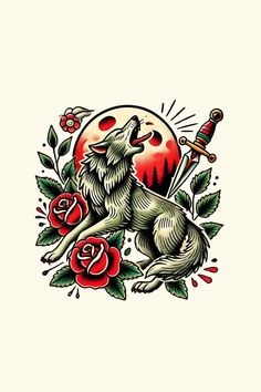 a drawing of a wolf sitting on top of roses with two swords in its mouth