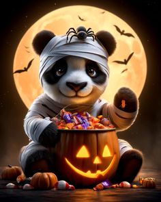 a panda bear dressed as a jack - o'- lantern sitting in front of a full moon