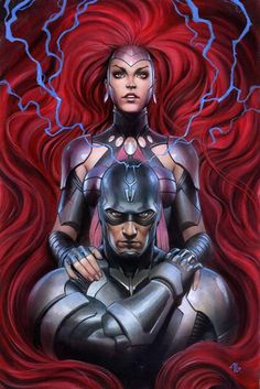 a painting of two women in armor with red hair and lightning bolts behind them, one woman is holding the other