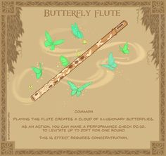 an old flute with butterflies on it and the words butterfly flute written in green ink