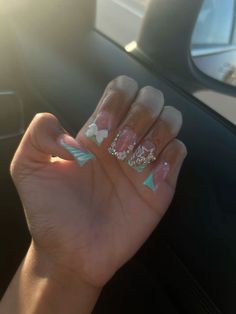 Teal Acrylic Nails, Junk Nails, French Tip Acrylic Nails, Basic Nails