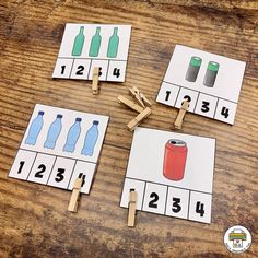 four matching match cards with bottles on them and clothes pins to match the bottle numbers