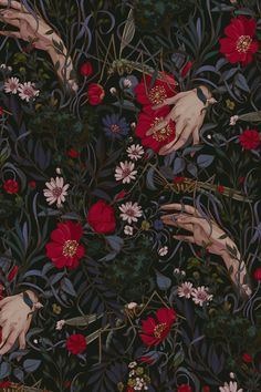 a floral wallpaper with hands reaching for flowers