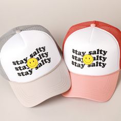 Stay Salty Lettering Printed Trucker Foam Cap with Meshed Back Top off your look with our popular Dad Hat.  It's a cool classic designed to add personal shade wherever you go! Perfect for dog walking, the beach, the gym, the pool, and everyday wear! It's fully adjustable and easy to style! ** 🧢 Detail & Features 🧢 ** Made from 100% polyester.   Soft mesh back trucker hat with Stay Salty lettering print  Lightweight & durable, with adjustable snap tab closure. * Simple and comfortable hat for d Daily Snap, Stay Salty, 6 Panel Cap, Hat Baseball, Dad Hat, Dog Walking, Trucker Cap, Dad Hats, Baseball Cap