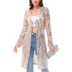 The Anna-Kaci Women's Long Sequin Cardigan Open Front Sheer Duster Jacket is a glamorous and stylish addition to your wardrobe. Made from lightweight, sheer fabric, this duster jacket features all-over sequins that add a touch of sparkle and sophistication to any outfit. The open front design and long length provide a flattering and elegant silhouette, perfect for layering over dresses, tops, or even swimwear. Ideal for special occasions, evening events, or whenever you want to make a statement, Chic V-neck Outerwear For Night Out, V-neck Winter Evening Outerwear, Elegant V-neck Party Outerwear, Glamorous Evening Cardigan For Winter, Glamorous Evening Winter Cardigan, Long Sleeve Sequin Outerwear For Spring, Sequined Long Sleeve Outerwear For Spring, Fitted Summer Party Outerwear, Fitted Cardigan For Fall Party