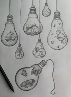 pencil drawing of lightbulbs with butterflies and other things inside them on paper