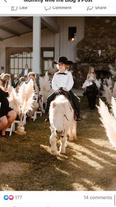 a young boy riding on the back of a white horse in front of an audience