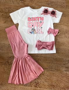 Our Bluey Birthday outfit is so cute. This top will match most of our bell bottoms. This outfit is perfect for a shower girt or any birthday. We can't wait to see what combo you purchase. Don't forget we have a matching Mama and Daddy top too! just to make this birthday even more special.  Too is 100% cotton Content: 96% Polyester & 4% Spandex Care: Machine Wash, Cold; Tumble Dry, Low; Use Cool Iron. This item is not our own design. We can not change or alter in anyway. | Please do not leave chi Bluey Birthday Outfit, Toddler Birthday Outfit, Bluey Birthday, Birthday Girl Outfit, Toddler Birthday, Baby Outfit, Girls Clothing Sets, Clothing Sets, Birthday Outfit