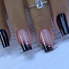 24Pcs Short Square Coffin False Nails with Glue French Glitter Gradual Change Wearable Ballet Design Black An Pink Nail Designs, Cute Sophisticated Nails, Wicked Acrylic Nails, Bubble Bath And Black Nails, Black And Blush Nails, Black Glitter Ombre Nails Coffin, Nails That Goes With Black Dress, Nails For Small Nails, Nail Ideas Coffin Black