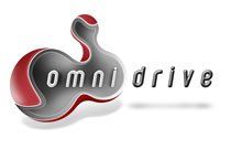 the omni drive logo is shown on a white background with red and gray swirls