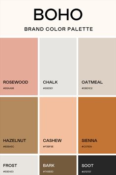 the color palette for boho brand, which is available in various colors and sizes