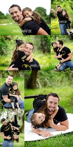 a man and woman hugging each other while posing for pictures in the grass with trees behind them