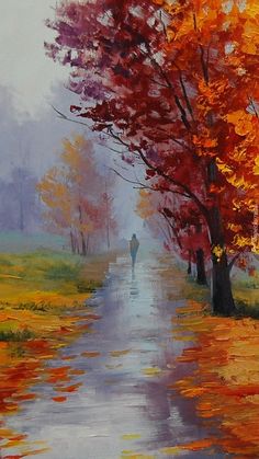 an oil painting of a person walking down a road in the fall with colorful trees