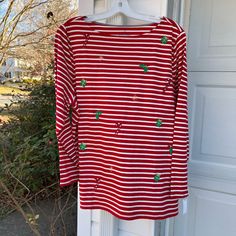 Nwt (New With Tags On) Talbots Red White Stripe Embroidered Presents, Star, Candy Cane, Star, And Holly Top. 2x Bust 50”, 3x Bust 54”, Length 28”. Originally $79.50. Enjoy! Red Embroidered Holiday Tops, Deer Shirt, Star Candy, Black Curves, Blue Striped Shirt, Talbots Sweater, Top Shirt Women, Bell Sleeve Sweater, Long Sleeve Plaid