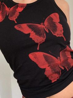 Butterfly Print Crop Tank Top - AnotherChill Slim Tank Top, Butterfly Fashion, Black Crop Top Tank, Aesthetic Women, Top Streetwear, Crop Tank Top, Vest Fashion, Online Tops, Butterfly Print