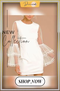 Women Elegant Lace Mesh Stitching Flare Sleeve Dress Fashion Simple Solid O-neck Dresses Sexy Loose Banquet Mini Dress Vestidos White Mesh Mini Length Dress For Party, White Mesh Mini Dress For Parties, White Mini Mesh Dress For Party, Chic V-neck Dress With Splicing Details, Mini Length Bodycon Dress With Lace Sleeves, Mini Bodycon Dress With Lace Sleeves, Fitted Chic Mini Dress With Lace Patchwork, Chic Fitted Mini Dress With Lace Patchwork, White Long Sleeve Mesh Dress For Party