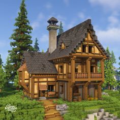 Rustic Houses Minecraft, Minecraft Houses Hillside, Dark Oak And Birch Minecraft House, Cliffside Village Minecraft, Minecraft House Exterior Design, Village Minecraft Builds, Medival Minecraft Buildings, Minecraft Build Designs, Dark Academia Minecraft House