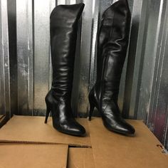 Beautiful Black Leather Knee High Boots With Elastic Gore Up Back Of Calf Area. Heel Is Approximately 3.5” To 4”. Gorgeous Boot! Leather Boots With Leather Sole For Party, Formal Heeled Boots With Leather Lining And Snip Toe, Leather Party Boots With Leather Sole, Elegant Heeled Boots With Leather Sole And Snip Toe, Elegant Fitted Heeled Boots With Snip Toe, Fitted Leather Heels With Leather Sole, Elegant Leather Boots With Pointed Toe, Formal Fitted Heeled Boots With Snip Toe, Leather Pointed Toe Fitted Heeled Boots