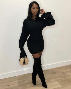 Pijamas Women, Paris Mode, Looks Black, Outfit Trends, Black Women Fashion, All Black Outfit, 가을 패션, Casual Fall Outfits, Thigh High Boots