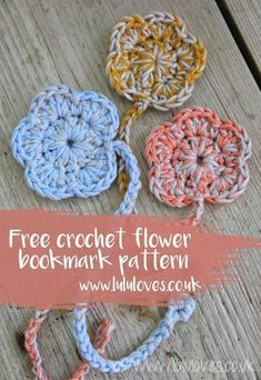 four crochet flower patterns with text overlay reading free crochet flower bookmark pattern