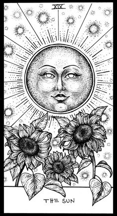 the sun and two sunflowers are depicted in this black and white drawing, which is