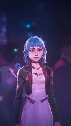 an anime character with blue hair standing in front of a dark background wearing a purple dress