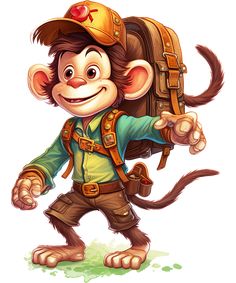 a monkey with a backpack on its back and wearing a hat, holding it's hands