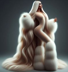 a woman with long blonde hair and white fur