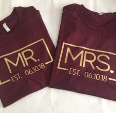 Mr & Mrs. Custom Date Personalized T Shirt - Matching Couples T-Shirts... HoneyMoon Wedding Anniversary Couple T Shirt Design, Couple Shirt Design, Cute Couple Shirts, Couple T Shirts, Personalized T Shirt, Honeymoon Shirts, Anniversary Shirt, Matching Couple Shirts