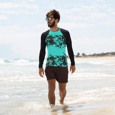 Aqua Crush Men's Rash Guard by Baked Fresca Reversible Bikinis, Swimwear Brands, Casual Tee, Rash Guard, Recycled Fabric, Have Fun, Stretch Fabric, Sustainability, Slim Fit