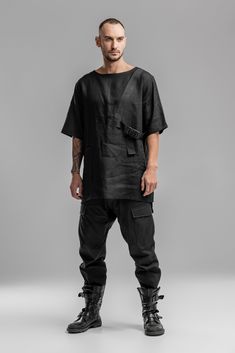 "This is the oversized T-shirt, created in steampunk, sci-fi, and punk rock styles. The black geometric top with a deep pocket on the right side, sewn decorative black stripe with fastex on the left side, and small slits is a great casual street style clothing. The men linen tee will be a cool outfit for running, sports, dancing, outgoing. The minimalist shirt will be a perfect gift for your boyfriend or brother. It is hardly possible now to find a stylish man whose wardrobe would not have a sin Sci Fi Clothing, Punk Style Outfits, Urban People, Geometric Top, Cyberpunk Fashion, Linen Tee, Punk Rock Fashion, Fashion Suits, Fashion Life