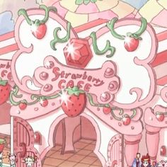 the strawberry cafe is decorated with pink and green decorations