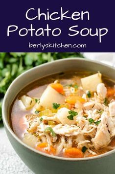 chicken potato soup in a bowl with parsley on the side and text overlay