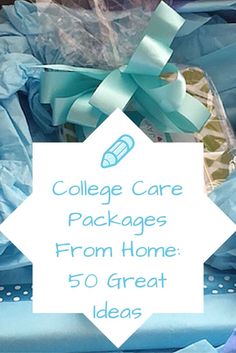 a pile of blue clothing with the words college care packages from home 50 great ideas