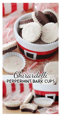 chocolate peppermint bark cups in a red and white bowl