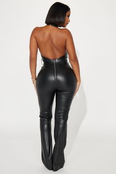 Fitted Leather Pants With Zipper For Party, Fitted Polyurethane Leather Pants For Night Out, Chic Faux Leather Jumpsuits And Rompers For Night Out, Fitted Faux Leather Jumpsuits And Rompers For Party, Black Faux Leather Jumpsuits And Rompers For Night Out, Faux Leather Jumpsuits And Rompers For Party, Fitted Faux Leather Jumpsuits And Rompers For Fall, Fitted Faux Leather Jumpsuits For Fall, Chic Faux Leather Party Bodysuit