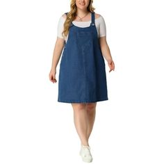 The plus-size denim overall dress combines comfort and style, featuring a button closure for a secure fit and a sleeveless design for a trendy look. The relaxed fit, coupled with patch pockets, adds a touch of functionality. Pair this dress with t-shirts, tops, or boyfriend shirts, and complete the outfit with casual sneakers for a relaxed and stylish look. Its versatility makes styling effortless, making it an essential piece in any wardrobe. Perfect for work, daily wear, dating, gatherings, pa Denim Midi Dress Outfit, Plus Size Overall, Pinafore Outfit, Overall Dresses, Bubu Gown, Boyfriend Shirts, Bubu Gown Styles, Midi Dress Outfit, Bib Dress