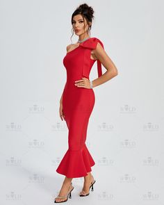 Be the center of attention in our One Shoulder Bow Bandage Fishtial Dress. The vibrant red color and bow detail on the left shoulder create a bold and sophisticated look. With a flirty ruffled hem, this dress will make you feel like a work of art. Our Style No.OW23350 95%Polyester, 5%Spandex Very Stretchy Height - 68.9"/175cm Bust - 34.6"/88cm Waist - 25.6"/65cm Hips - 36.6"/93cm and wears size S Gentle Dry Clean Only About Wholesale/Dropshipping, please contact us! Note: Colour may vary due to Fishtail Dress, Shoulder Design, Bow Detail, Vibrant Red, Ruffle Hem, Red Color, Red Dress, The One, One Shoulder