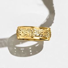 Ross-Simons - 18kt Gold Over Sterling Byzantine Ring Size 8. A crisp, polished border frames this wide 18kt yellow gold over sterling silver Byzantine ring. Beautifully handcrafted, the textural linking pattern is both classic and bold. Wear this ring every day as an eye-catching statement piece. 1/4" wide. 18kt gold over sterling Byzantine ring. Byzantine Rings, Size 10 Rings, Statement Pieces, Ring Size, Yellow Gold, Yellow, Sterling Silver, 10 Things, Silver