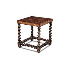 an ornate wooden table with beads on the legs and a square top, sitting against a white background