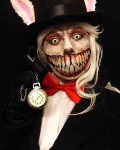 Scary Monster Makeup, Creepy Alice In Wonderland Makeup, White Rabbit Halloween Makeup, Alice In Wonderland Horror Makeup, Scary Bunny Makeup, Horror Makeup Looks, Creepy Makeup Looks, Horror Rabbit, White Rabbit Makeup