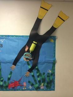 a bulletin board with an image of a man diving in the ocean on it's side